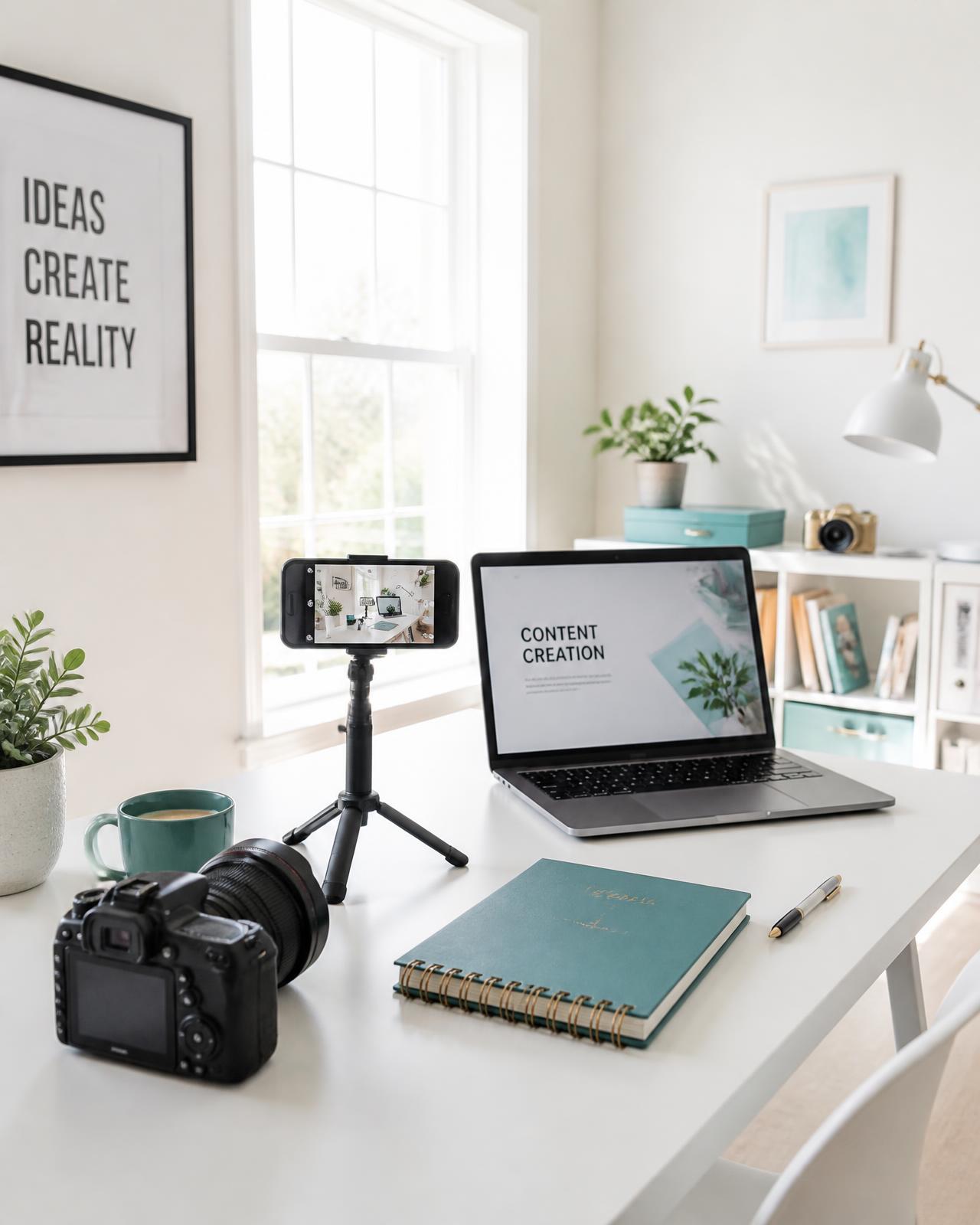 Bright creative studio desk with a camera, phone on a tripod and laptop